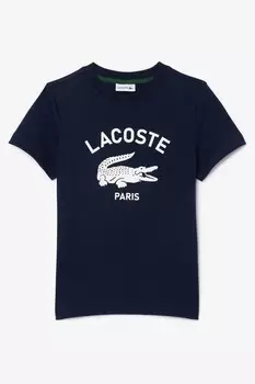 Футболка с фирменным принтом кремового цвета Lacoste, синий