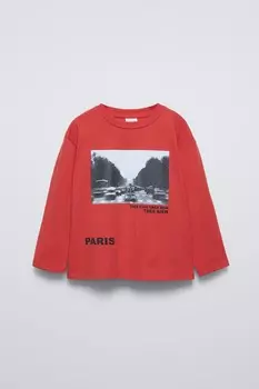 Футболка с фотографическим принтом ZARA, красный