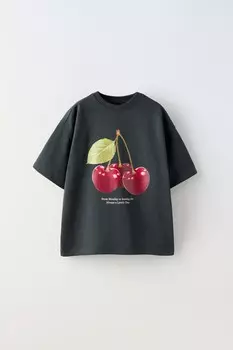 Футболка с фруктовым принтом ZARA, антрацитово-серый