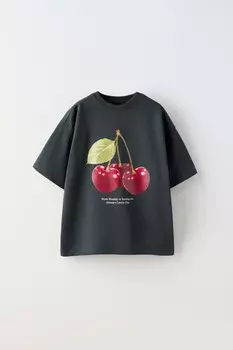 Футболка с фруктовым принтом ZARA, антрацитово-серый