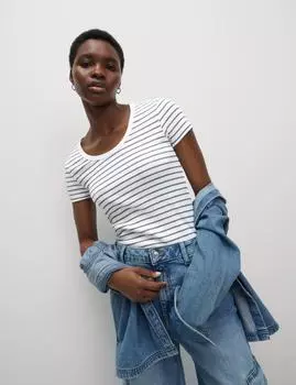 Футболка с глубоким вырезом и полосками из хлопка Marks & Spencer, белый