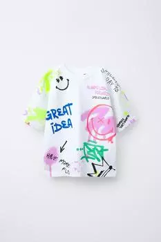Футболка с граффити smileyworld ZARA, белый
