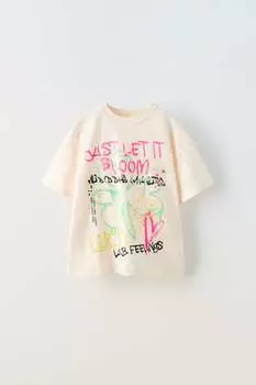 Футболка с граффити ZARA, белый