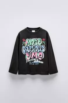Футболка с граффити ZARA, серый