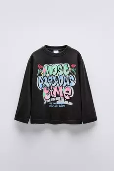 Футболка с граффити ZARA, серый