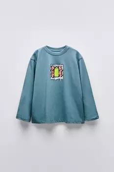 Футболка с граффити ZARA, средне-синий