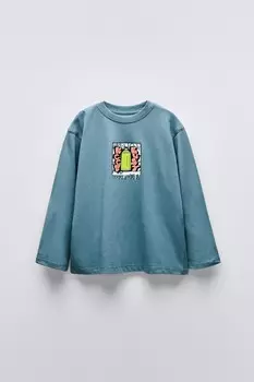 Футболка с граффити ZARA, средне-синий