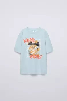Футболка с граффити ZARA, светло-голубой