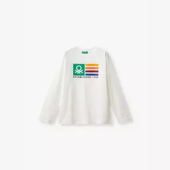 Футболка с графическим принтом и длинными рукавами из органического хлопка для детей 6-14 лет Benetton, белый