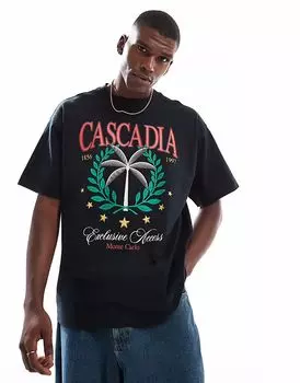 Футболка с графическим принтом из хлопка: On Box, черного цвета/цвета пальмовой бухты Cotton:On