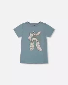 Футболка с графическим принтом из органического хлопка, серовато-голубая и с изображением робота Deux par Deux
