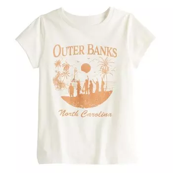 Футболка с графическим рисунком для девочек 7–16 лет, Outer Banks, North Carolina Beach Setting Licensed Character, цвет Tan