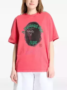 Футболка с изображением головы обезьяны, украшенная стразами A BATHING APE, красный