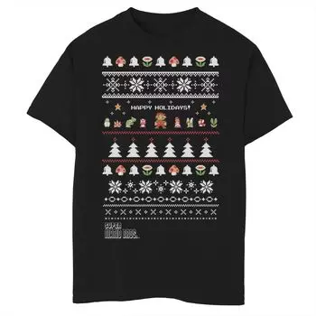 Футболка с изображением группы персонажей Nintendo Super Mario для мальчиков 8–20 лет с уродливым рождественским рисунком Licensed Character