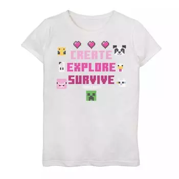 Футболка с изображением лица Minecraft для девочек 7–16 лет Minecraft Create Explore Survive Creeper Animals Licensed Character