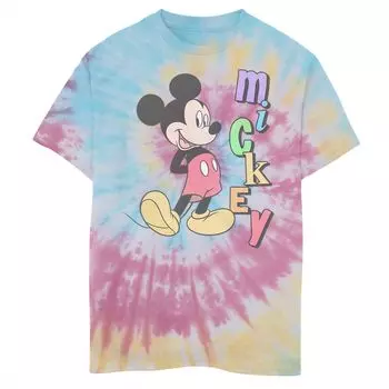 Футболка с изображением Микки Диснея для мальчиков 8–20 лет, стоящая, с вертикальным радужным именем и рисунком тай-дай Disney