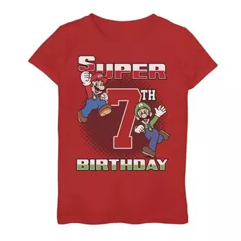 Футболка с изображением портрета Nintendo Super Mario And Luigi Super Birthday на 7-й день рождения для девочек 7–16 лет Licensed Character