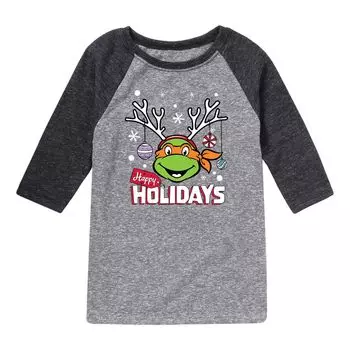 Футболка с изображением реглан Happy Holidays для мальчиков 8–20 лет TMNT Teenage Mutant Ninja Turtles Licensed Character, серый