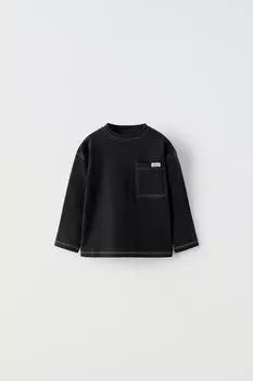 Футболка с карманом и отстрочкой ZARA, черный