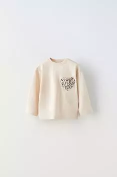 Футболка с карманом-сердцем ZARA, светло-бежевый