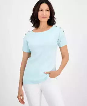 Футболка с кнопками на плечах из хлопка, Petite Style & Co, зеленый