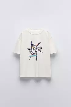 Футболка с колесом скейта ZARA, устрично-белый