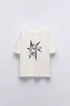 Футболка с колесом скейта ZARA, устрично-белый