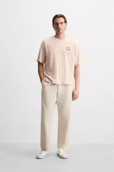 Футболка с контрастной нашивкой ZARA, бледно-розовый