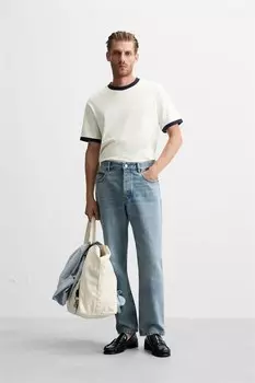 Футболка с контрастной ребёнчатой отделкой ZARA, устрично-белый