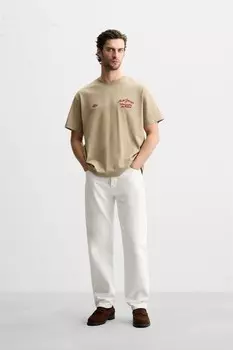 Футболка с контрастной вышивкой ZARA, цвет Dark tan