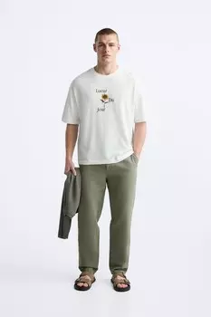 Футболка с контрастной вышивкой ZARA, устрично-белый