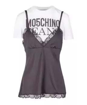 Футболка с контрастным логотипом и кружевной деталью Moschino, черный