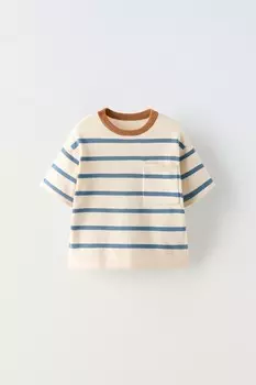 Футболка с контрастным подолом ZARA, экрю/синий