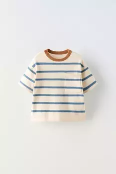 Футболка с контрастным подолом ZARA, экрю/синий