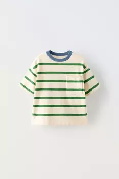 Футболка с контрастным подолом ZARA, экрю/зеленый