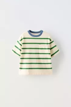 Футболка с контрастным подолом ZARA, экрю/зеленый
