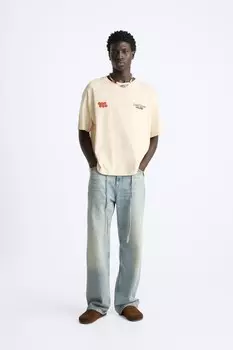 Футболка с контрастным принтом ZARA, бежевый