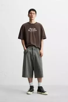 Футболка с контрастным принтом ZARA, коричневый