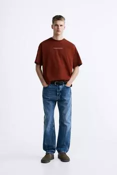 Футболка с контрастным принтом ZARA, жжённый апельсин