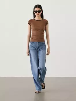 Футболка с коротким рукавом и контрастной отделкой Massimo Dutti, коричневый