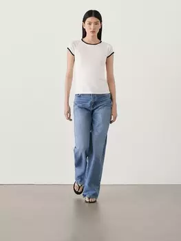 Футболка с коротким рукавом и контрастной отделкой Massimo Dutti, бежевый