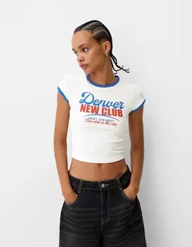 Футболка с коротким рукавом и контрастным узором Bershka, бежевый