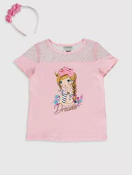 Футболка с коротким рукавом и корона для девочек с круглым вырезом и принтом LCW Kids