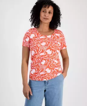 Футболка с коротким рукавом и круглым вырезом Petite Milo Leaves Printed Style & Co, мультиколор