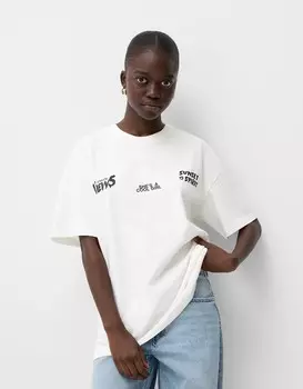 Футболка с коротким рукавом и принтом Bershka, бежевый