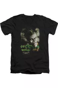 Футболка с коротким рукавом и V-образным вырезом для взрослых Batman Arkham Asylum Welcome To The Madhouse Gildan, черный