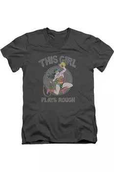 Футболка с коротким рукавом и V-образным вырезом для взрослых с героями комиксов DC Plays Rough Gildan, цвет charcoal