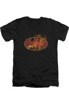 Футболка с коротким рукавом и V-образным вырезом для взрослых с логотипом Batman Flames Gildan, черный