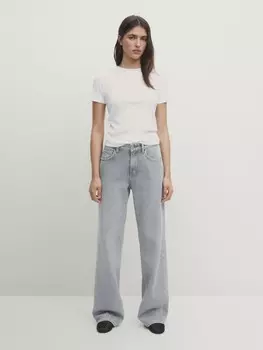 Футболка с коротким рукавом из 100% хлопка в рубчик Massimo Dutti, белый