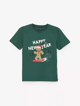 Футболка с короткими рукавами и круглым вырезом для мальчиков с рождественской тематикой LCW Kids, средне-зеленый